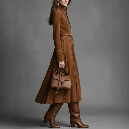 Vintage Faux Suede Long Sleeve Belted Zip Front Maxi Dress