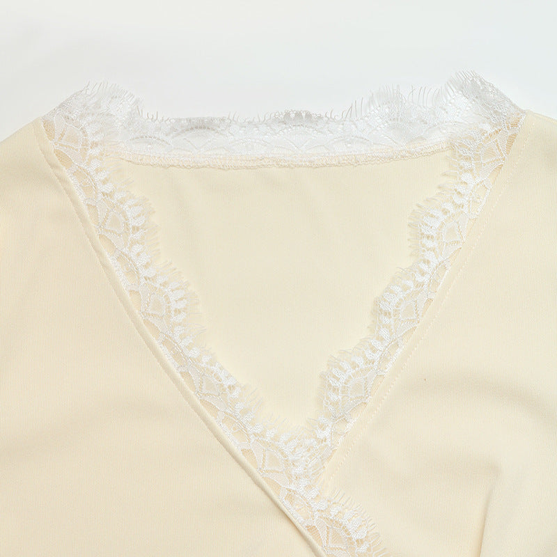 Wrap Lace Trim V Neck Long Sleeve Blouse Women Elegant Top