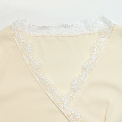 Wrap Lace Trim V Neck Long Sleeve Blouse Women Elegant Top