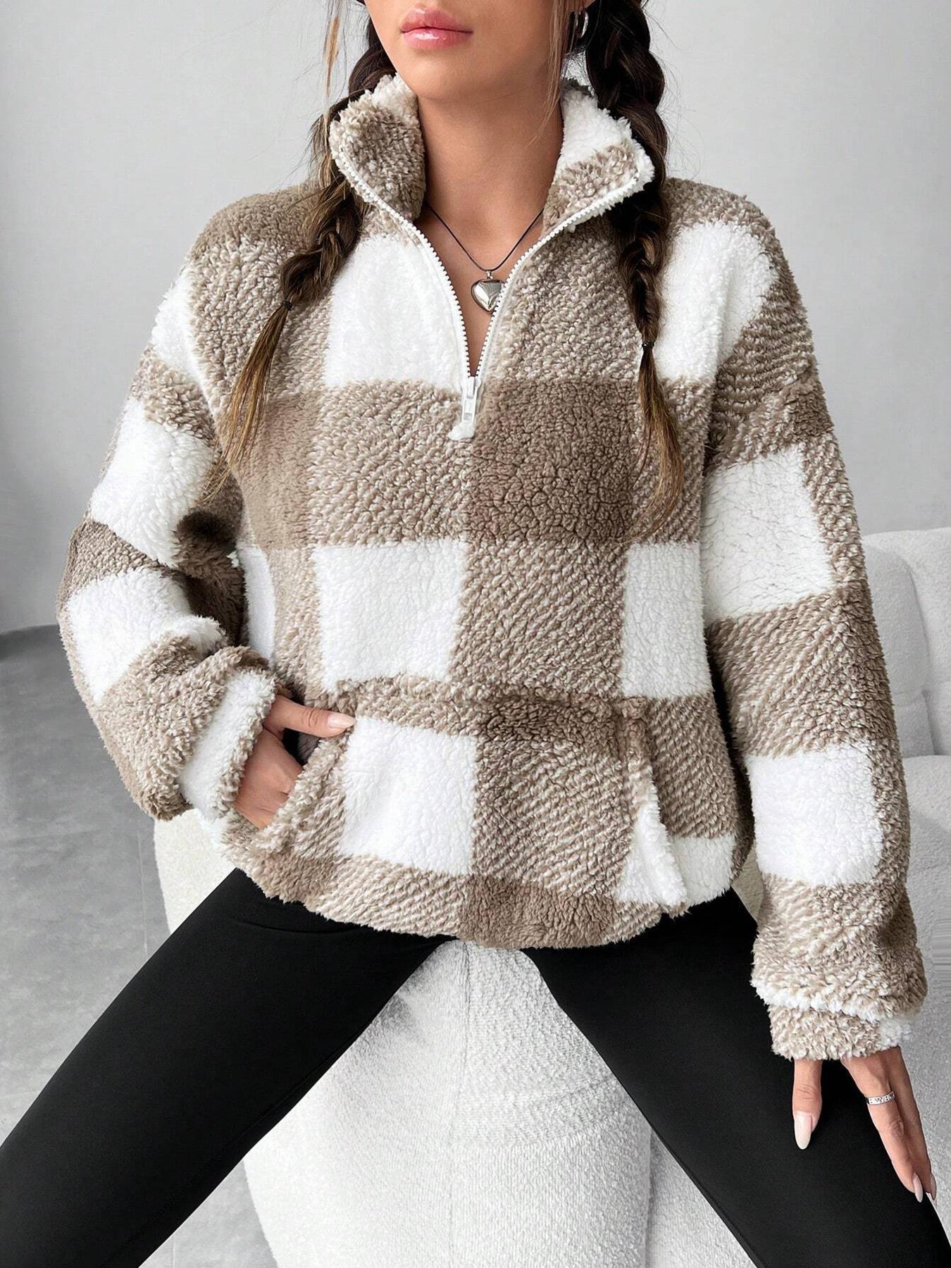 Womens Checkered Sherpa Quarter Zip Fleece Pullover