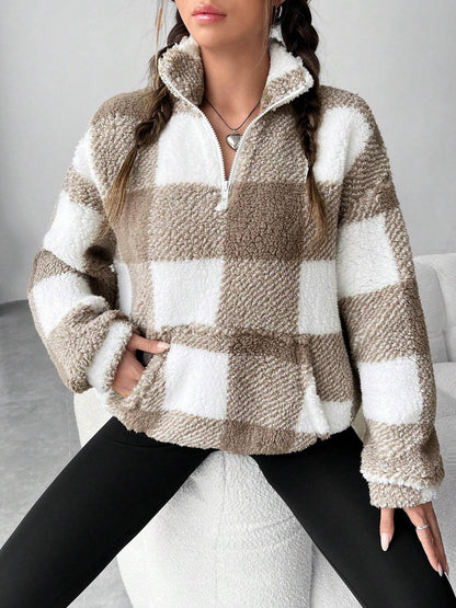 Womens Checkered Sherpa Quarter Zip Fleece Pullover