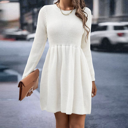 Ribbed Crew Neck Long Sleeve Fit and Flare Sweater Dress