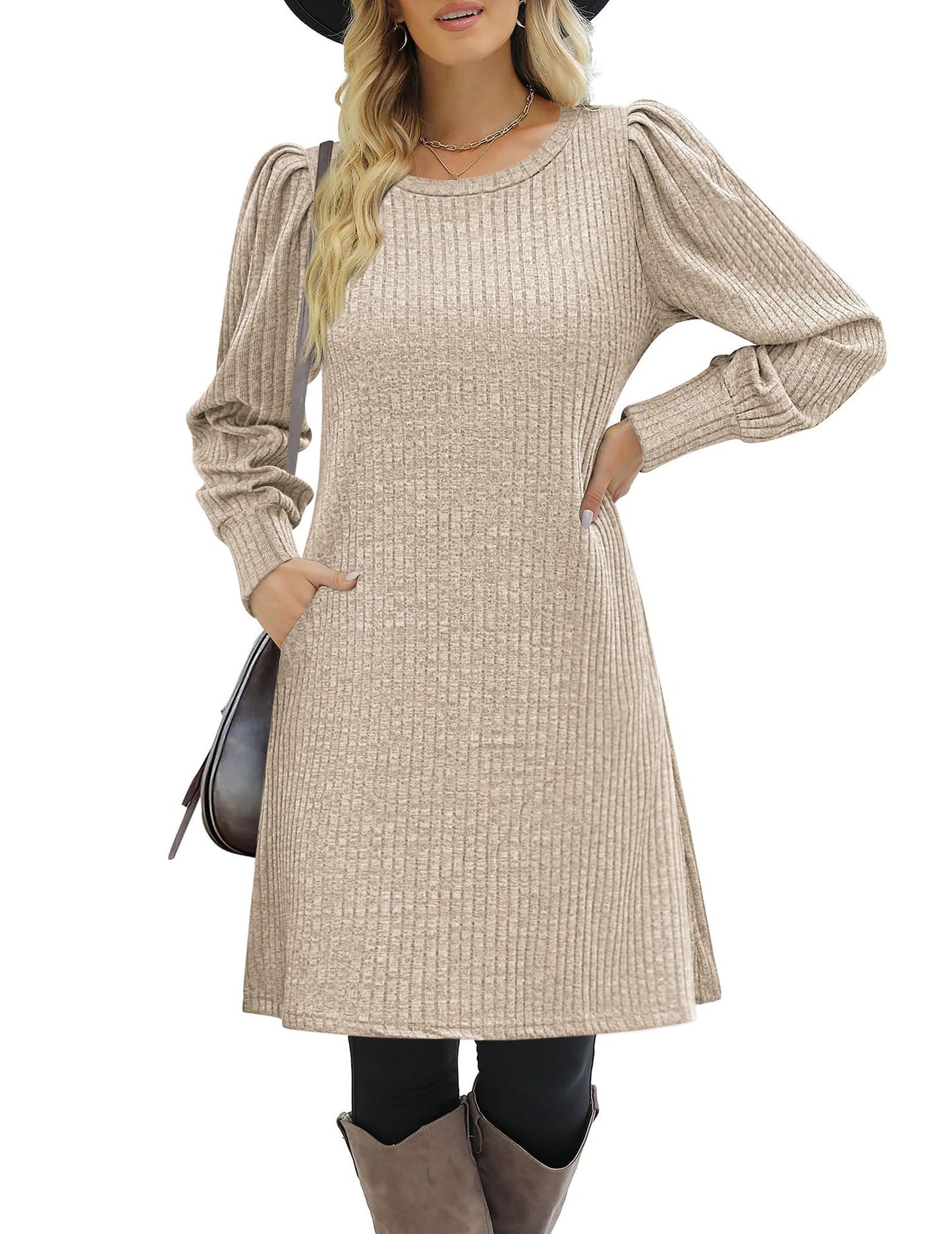 Ribbed Puff Sleeve A-Line Midi Sweater Dress