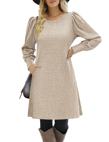 Ribbed Puff Sleeve A-Line Midi Sweater Dress
