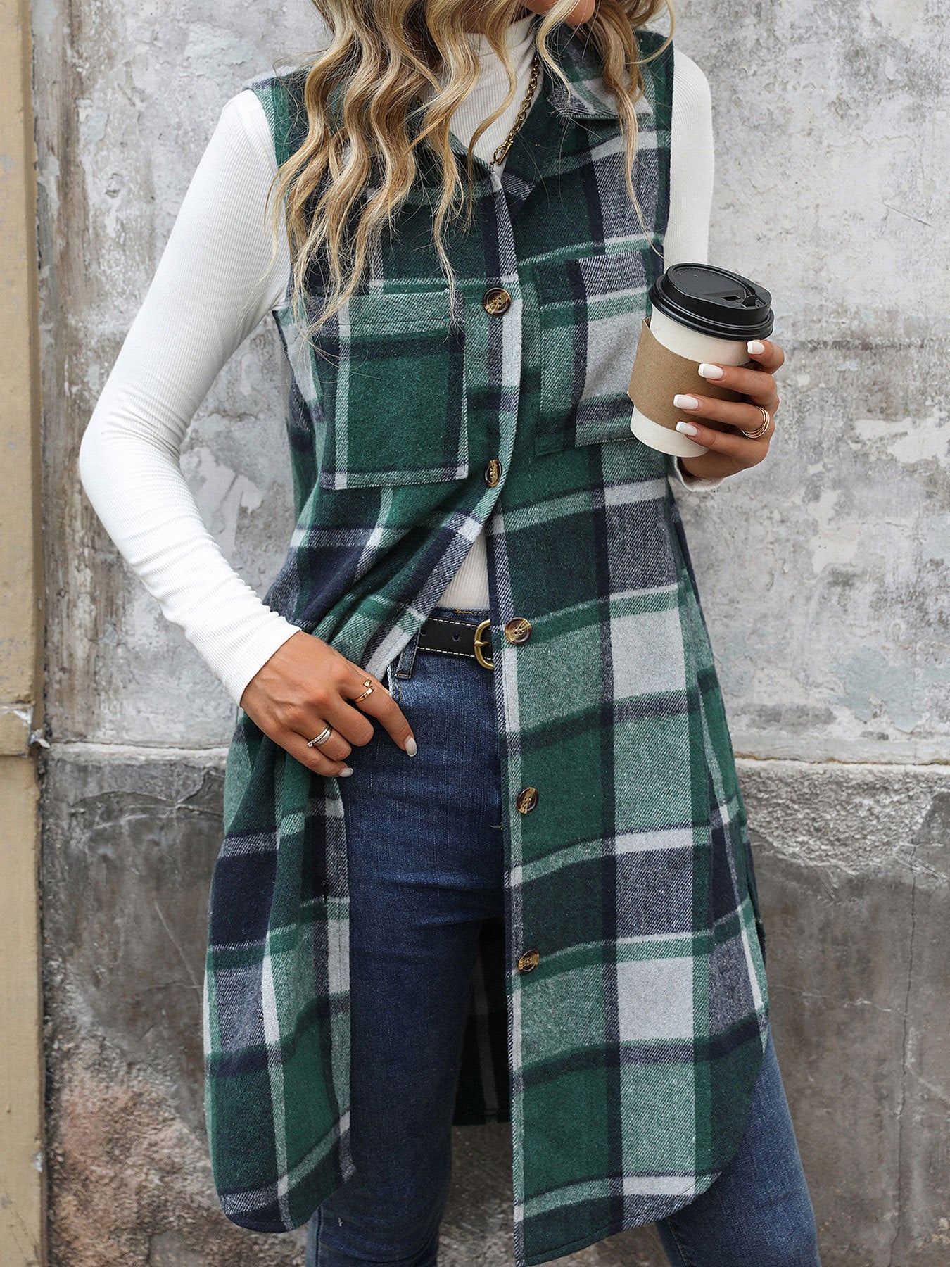 Plaid Longline Vest Lapel Button Front Pockets