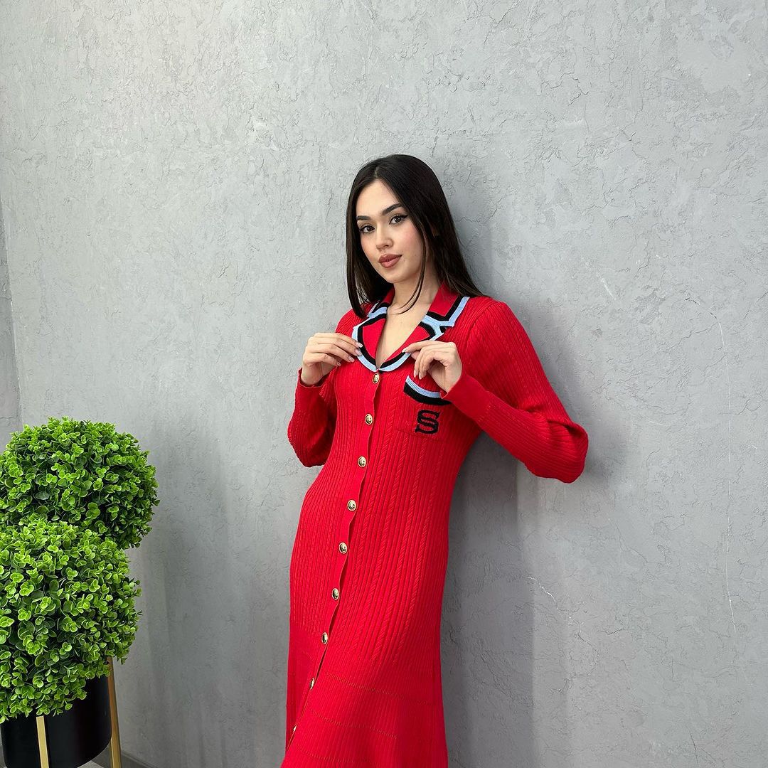 Long Sleeve Polo Collar Knit Bodycon Maxi Dress