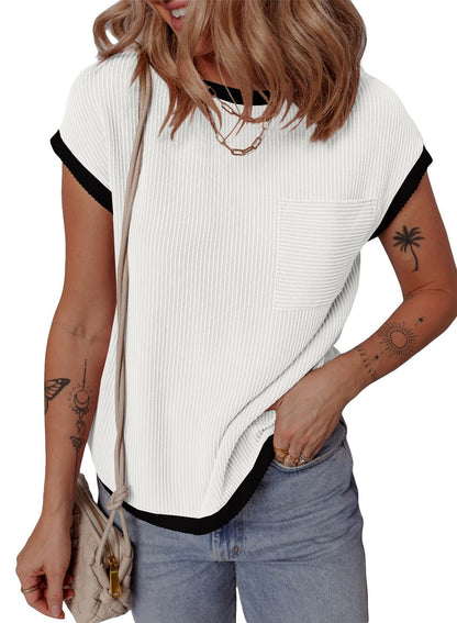 Women's Ribbed Color Block Pocket Tee Short Sleeve