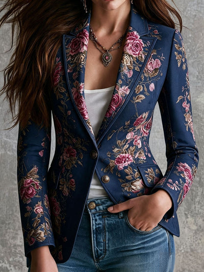 Women's Vintage Floral Faux Suede Blazer