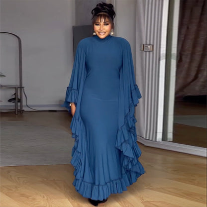 Blue Mock Neck Batwing Ruffle Maxi Dress