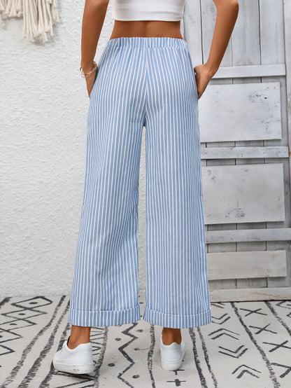 Striped High Waist Drawstring Wide Leg Summer Pants