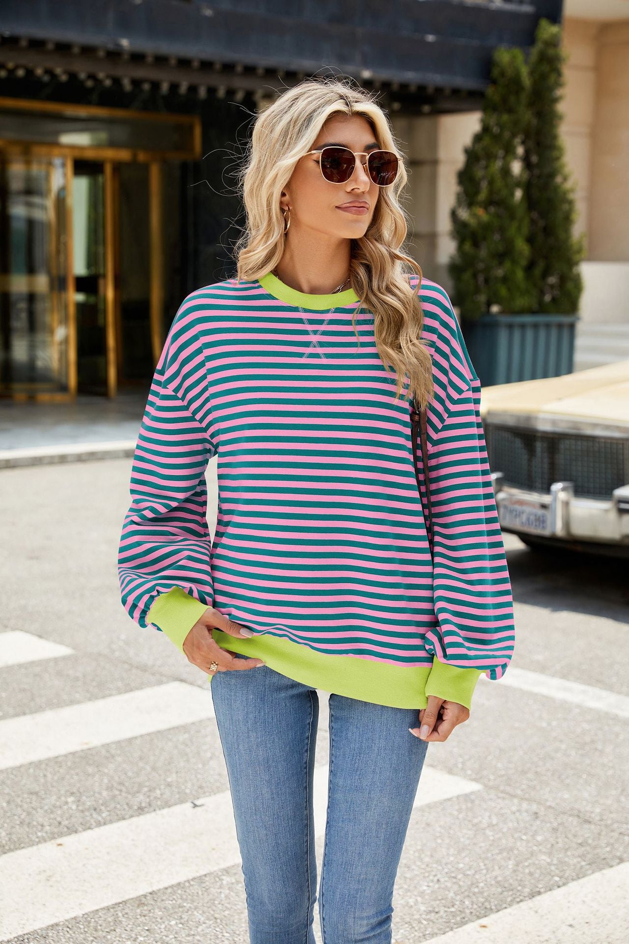 Striped Color Block Crew Neck Loose Fit Long Sleeve Sweatshirt
