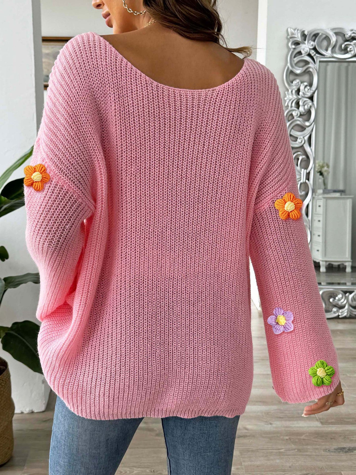 Off-Shoulder Knit Sweater with Crochet Flower Detail