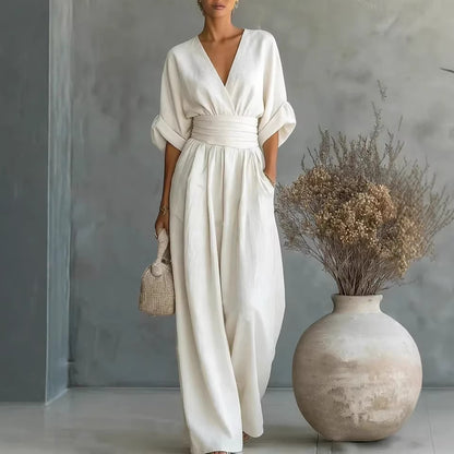 Women's Elegant V-Neck High Waist Wide Leg Jumpsuit