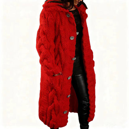 Women's Chunky Cable Knit Hooded Long Cardigan Plus Size