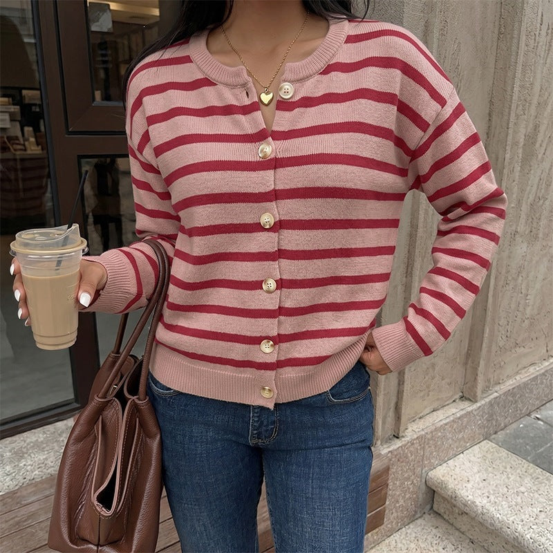 Striped Knit Cardigan Button Front Christmas Sweater