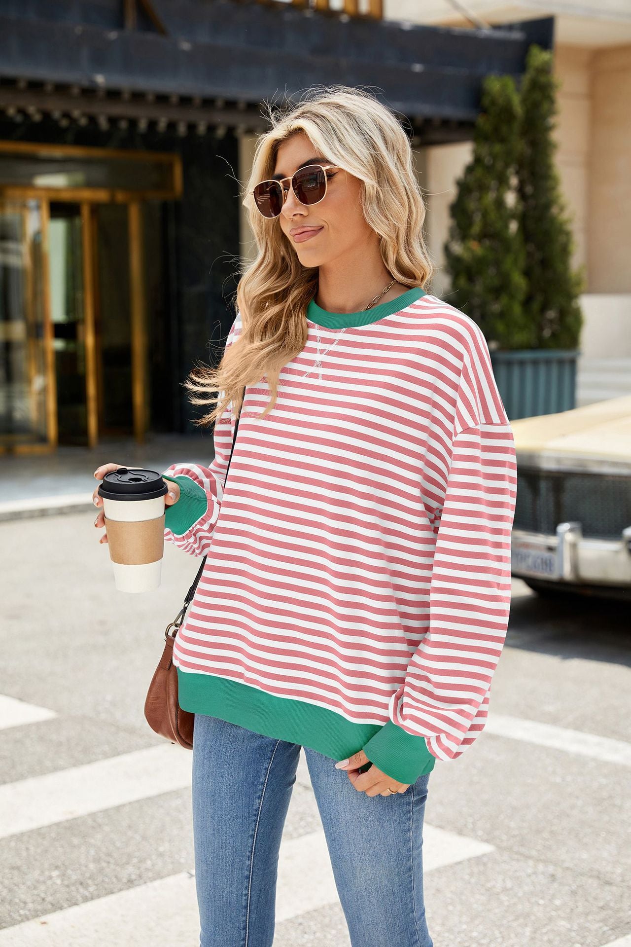 Striped Color Block Crew Neck Loose Fit Long Sleeve Sweatshirt