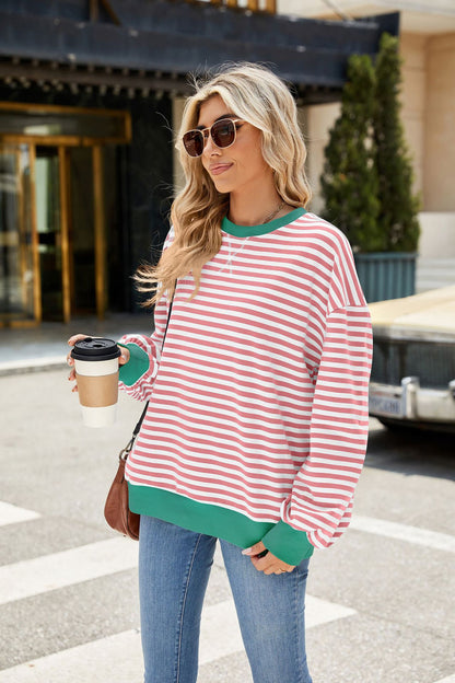 Striped Color Block Crew Neck Loose Fit Long Sleeve Sweatshirt