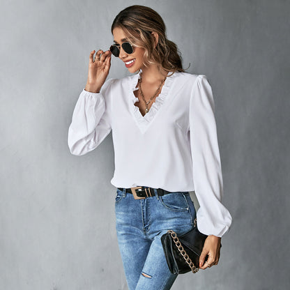 Ruffle V Neck Blouse Puff Sleeve Office Top