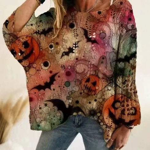Off Shoulder Crochet Halloween Pumpkin Bat Sweater