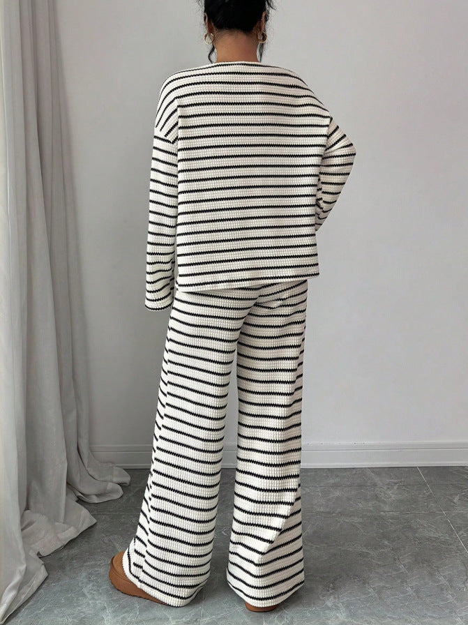 Stripe Knit Lounge Set Crew Neck Top and Wide Leg Pants