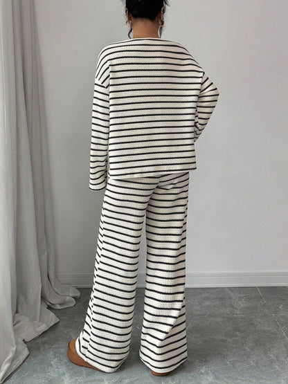 Stripe Knit Lounge Set Crew Neck Top and Wide Leg Pants