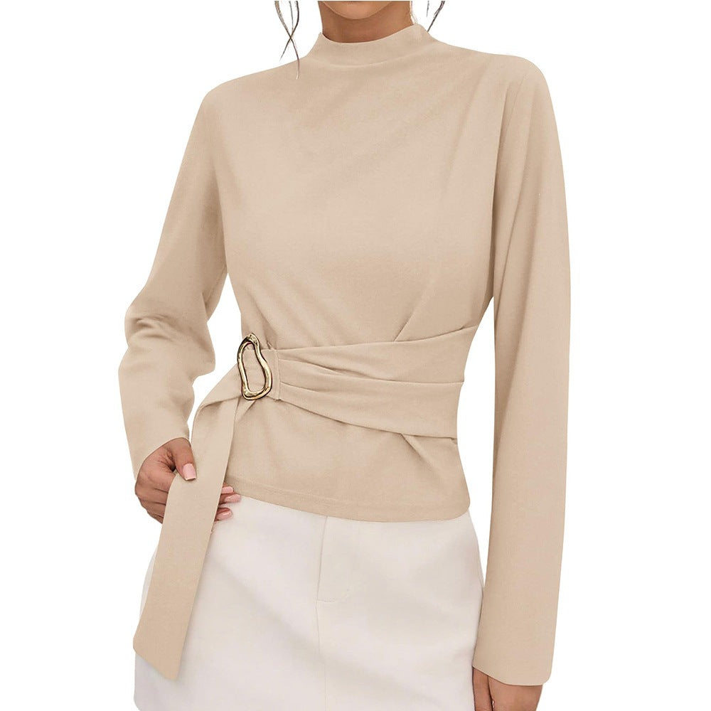 Burgundy Belted Mock Neck Slim Fit Long Sleeve Top