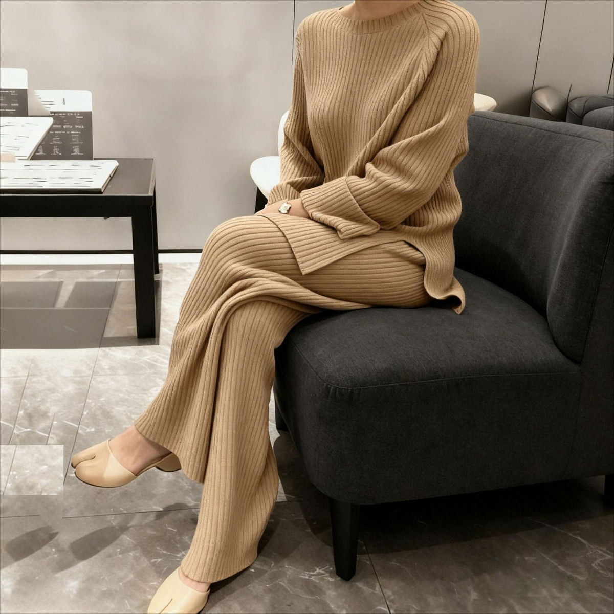 Women's Ribbed Knit Sweater Wide Leg Pants Set