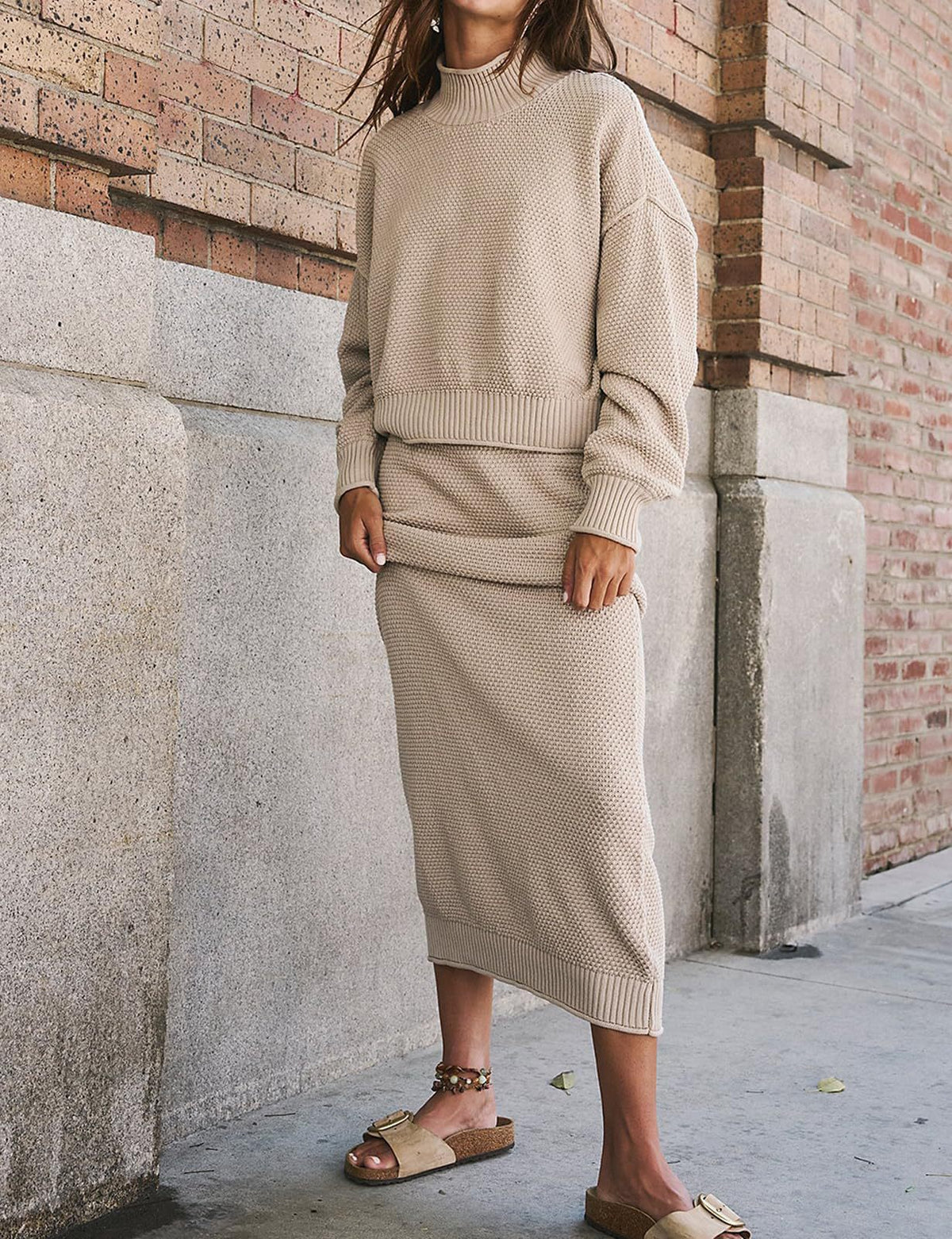 Women's Knit Two Piece Set Mock Neck Sweater Midi Skirt