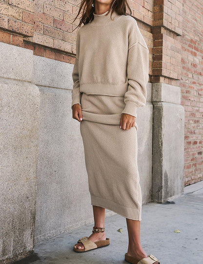 Women's Knit Two Piece Set Mock Neck Sweater Midi Skirt