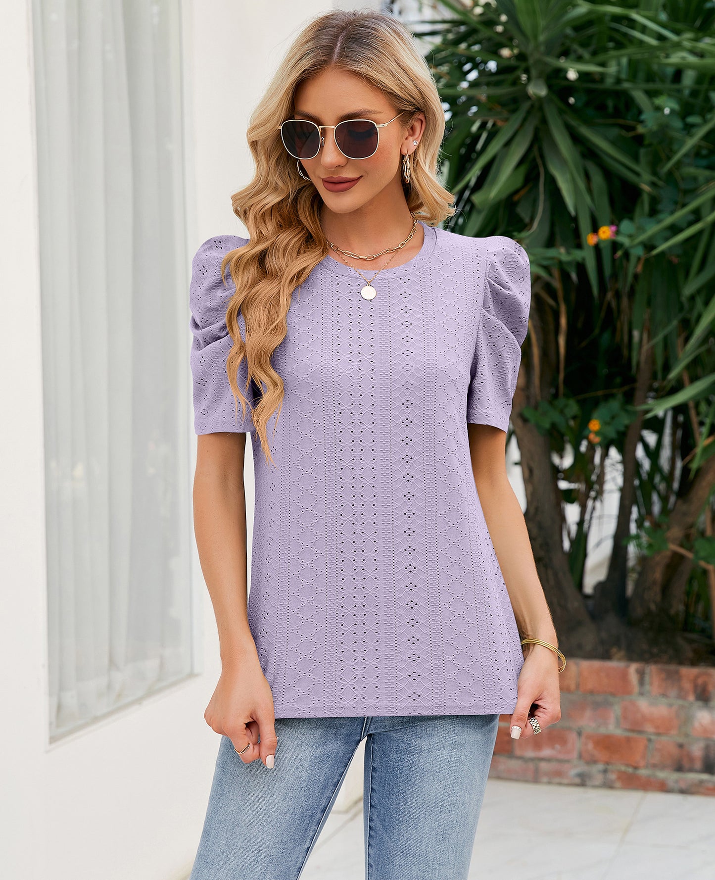 Loose Fit Ruched Sleeve Lace Knit T-Shirt for Women