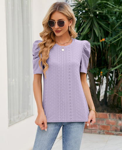 Loose Fit Ruched Sleeve Lace Knit T-Shirt for Women