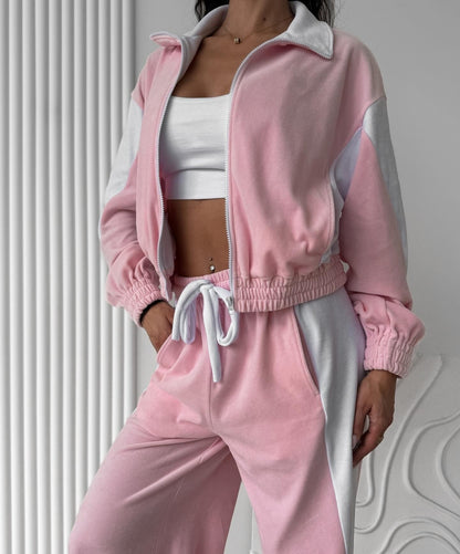 Velvet Tracksuit Color Block Zip Jacket Pants Set