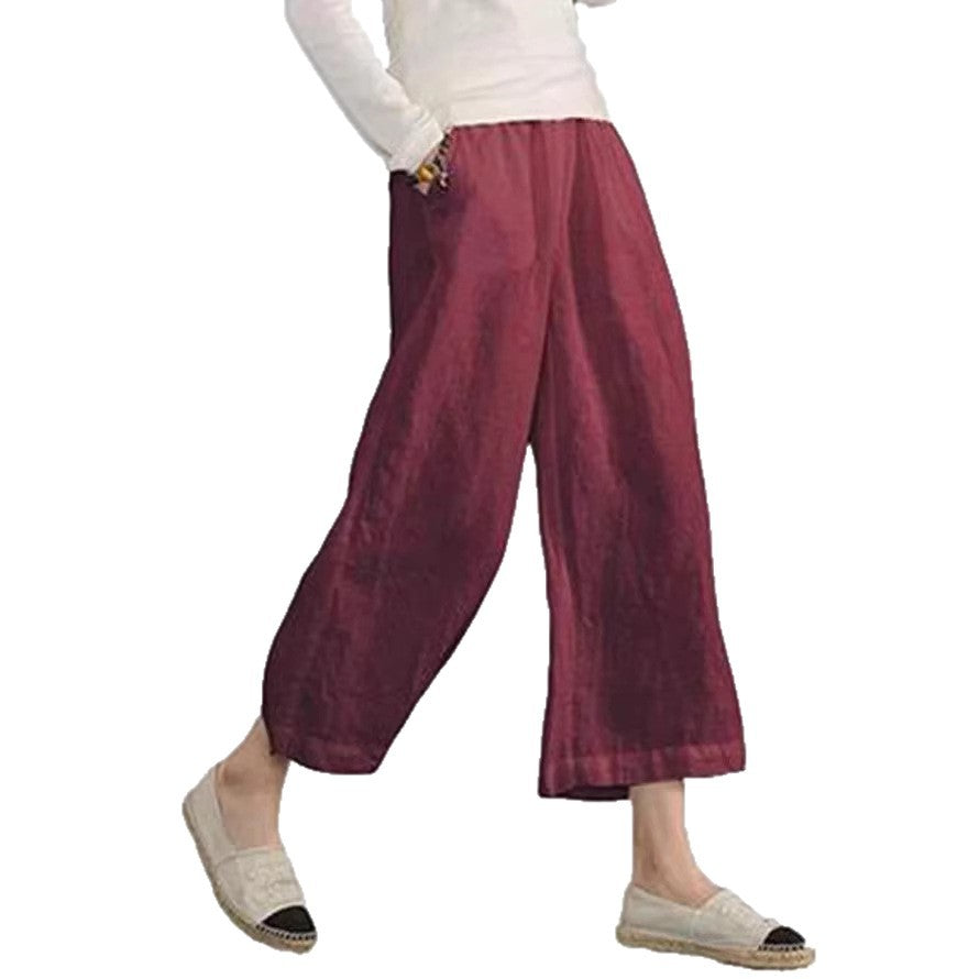 Women's Linen Cotton Wide Leg Cropped Pants Relaxed Fit