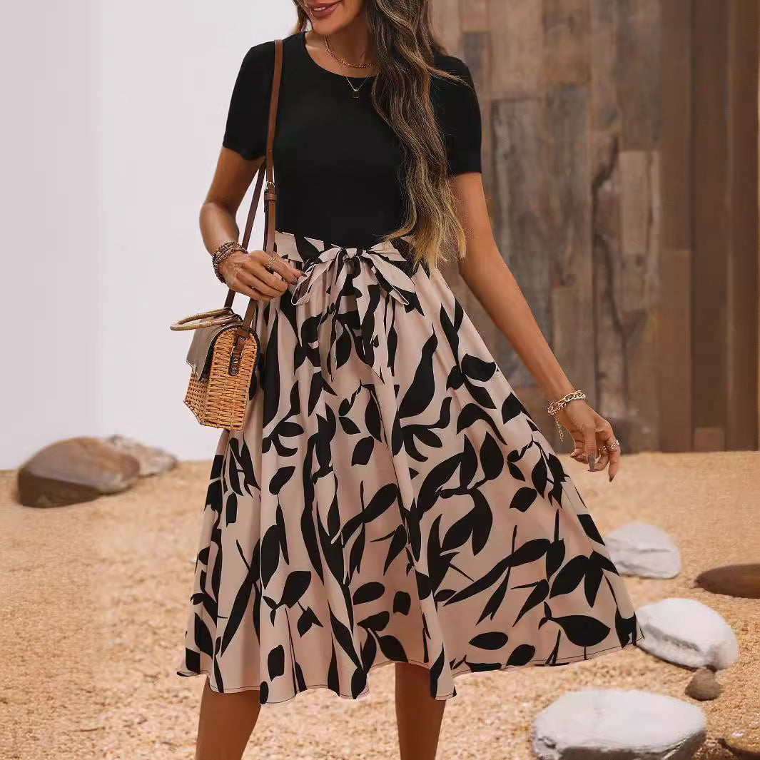 New Elegant Women's Printed Splicing Short-Sleeve Dress