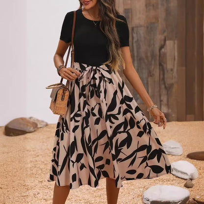 New Elegant Women's Printed Splicing Short-Sleeve Dress