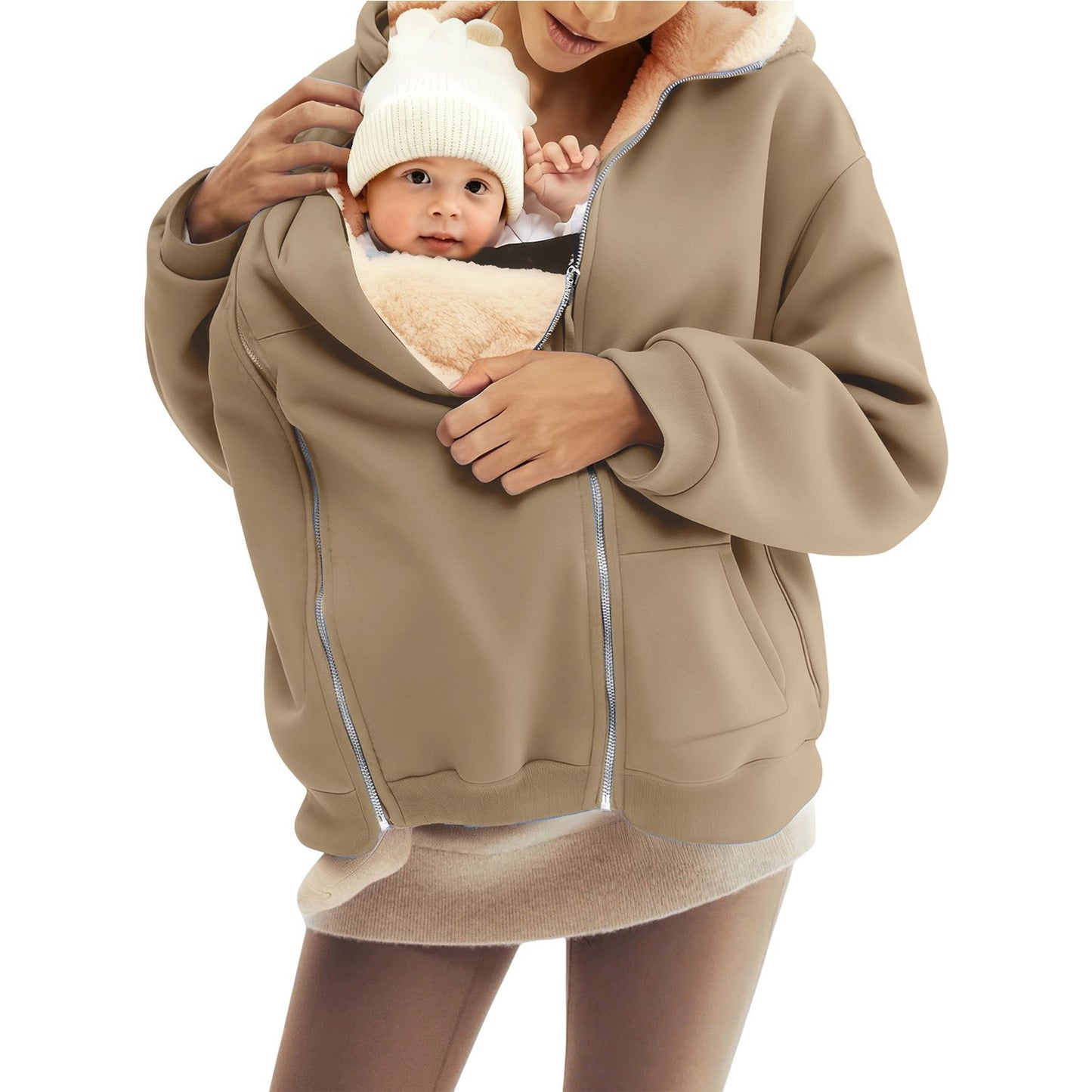 Women's Sherpa Baby Carrier Zip Up Hoodie Kangaroo Pocket