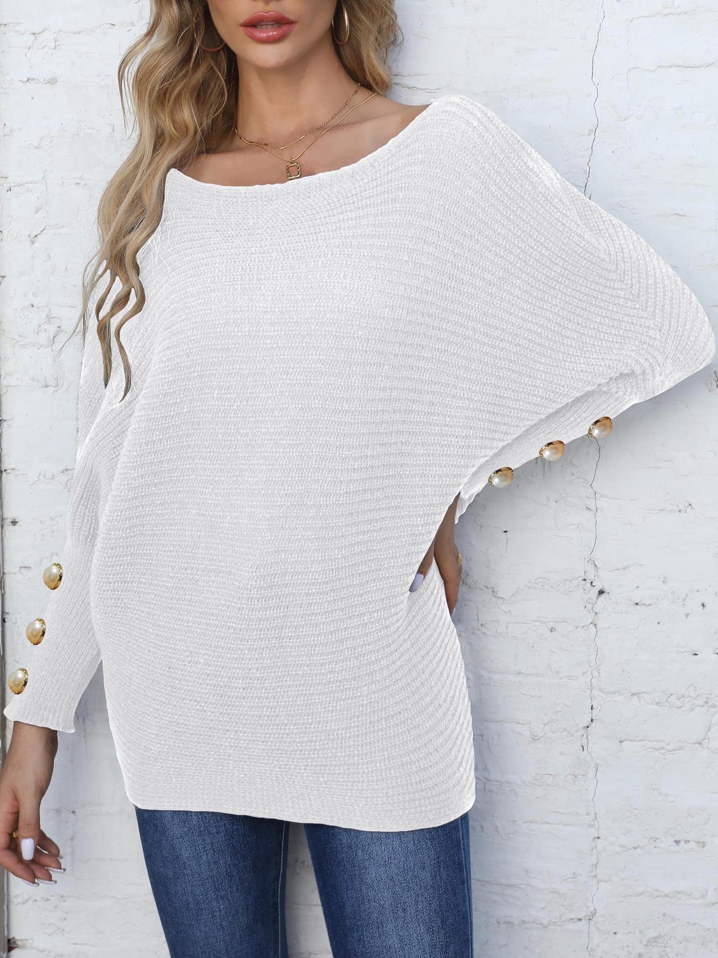 Pearl Button Decorative Bat Sleeve One-Neck Loose Sweater