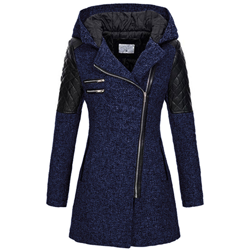 Women Hooded Faux Leather Quilted Asymmetrical Zip Coat