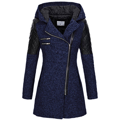 Women Hooded Faux Leather Quilted Asymmetrical Zip Coat