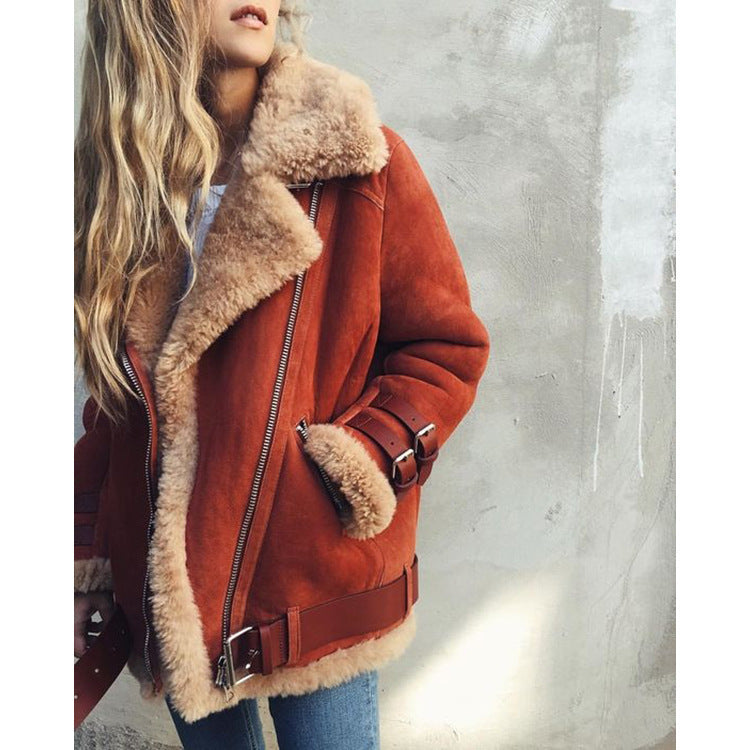 Women Faux Suede Sherpa Jacket Moto Biker Coat