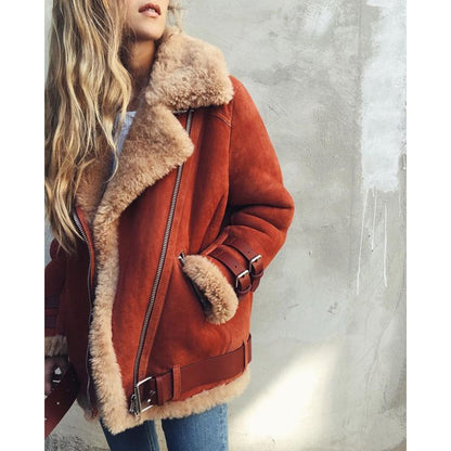 Women Faux Suede Sherpa Jacket Moto Biker Coat