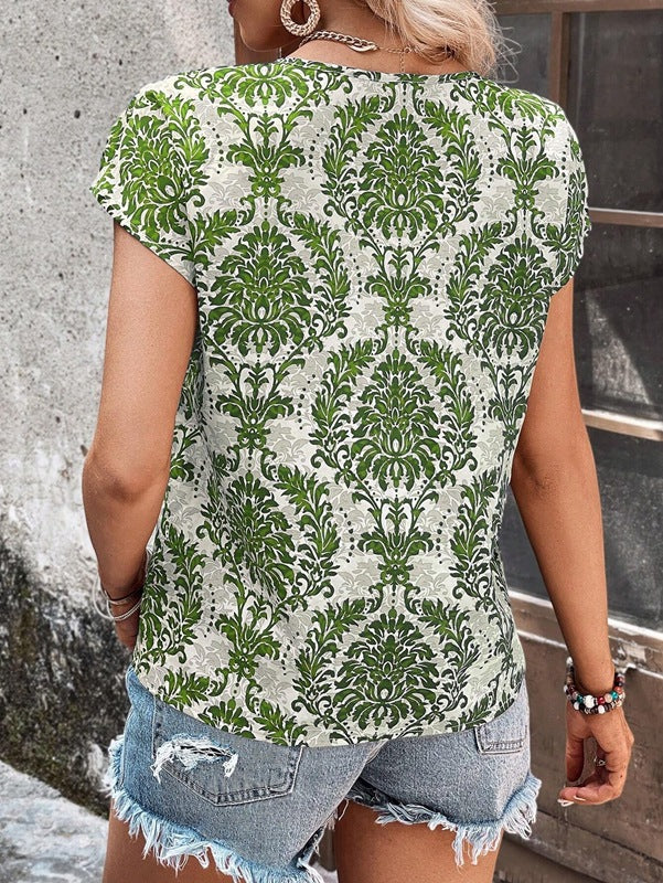 Vintage Print V-Neck Batwing Sleeve Summer Top