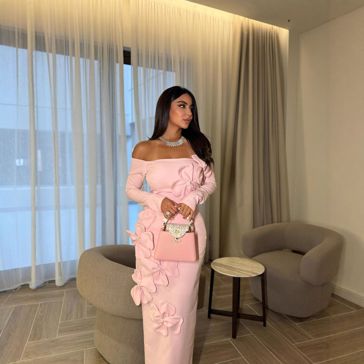 Pink Off Shoulder Long Sleeve Floral Bodycon Maxi Dress