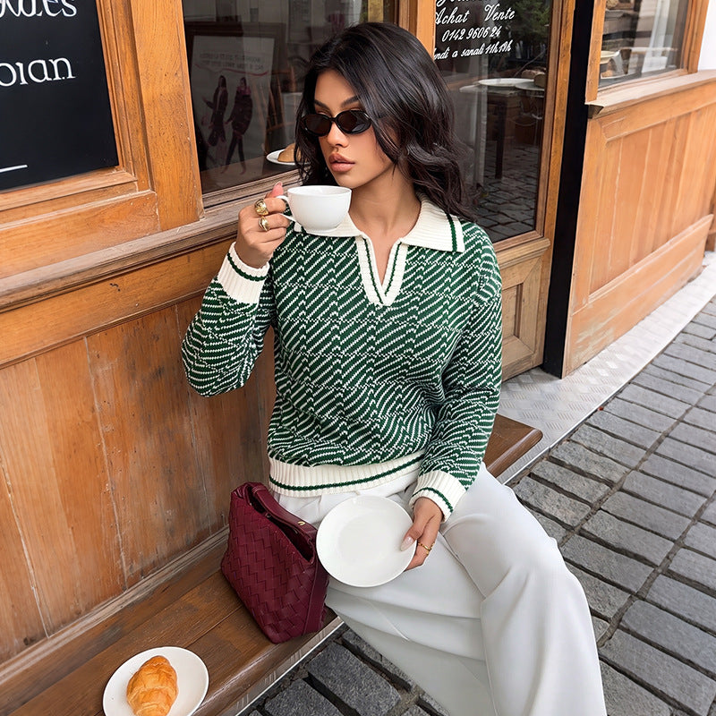 Contrast Polo Collar Abstract Knit Pullover Sweater