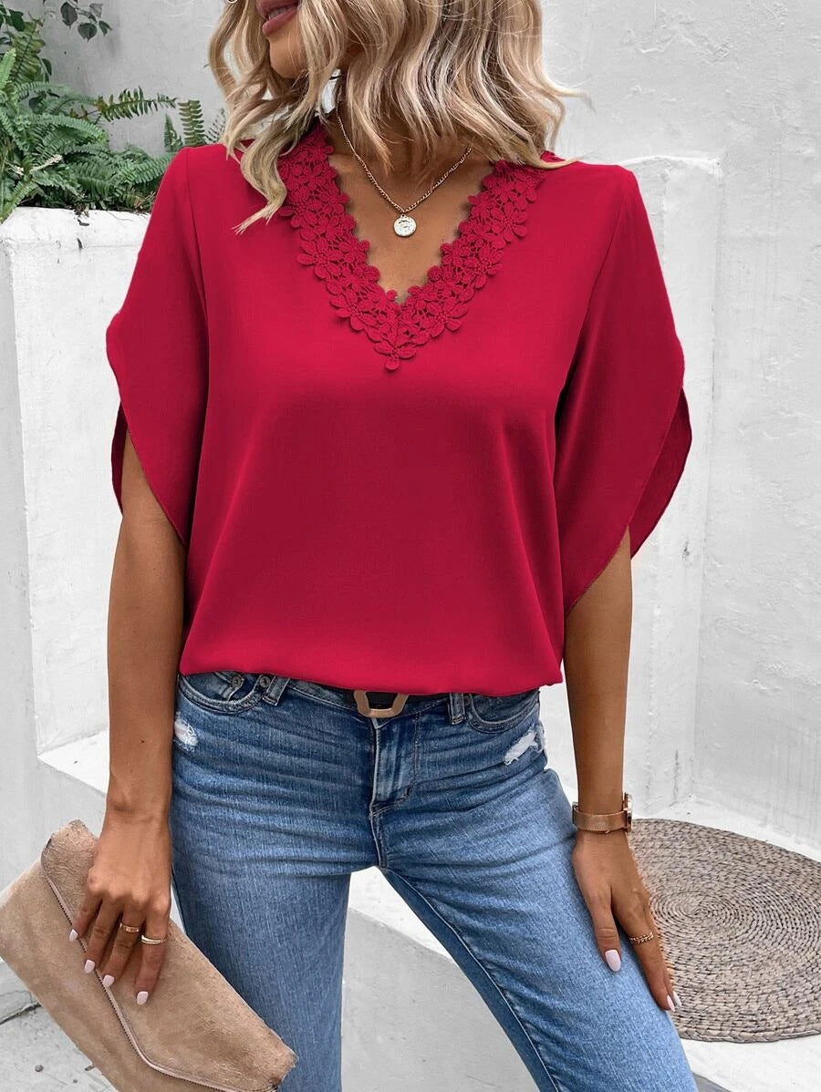 Solid Color Lace V-Neck Horn Sleeve Loose Blouse Top Elegant Fashion Shirt
