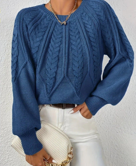 Women's Cable Knit Balloon Sleeve Crew Neck Sweater