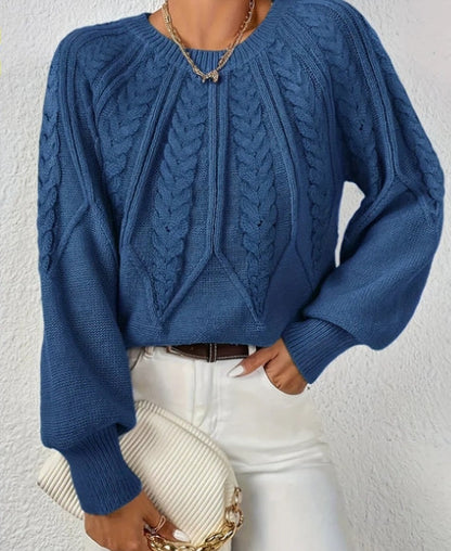 Women's Cable Knit Balloon Sleeve Crew Neck Sweater