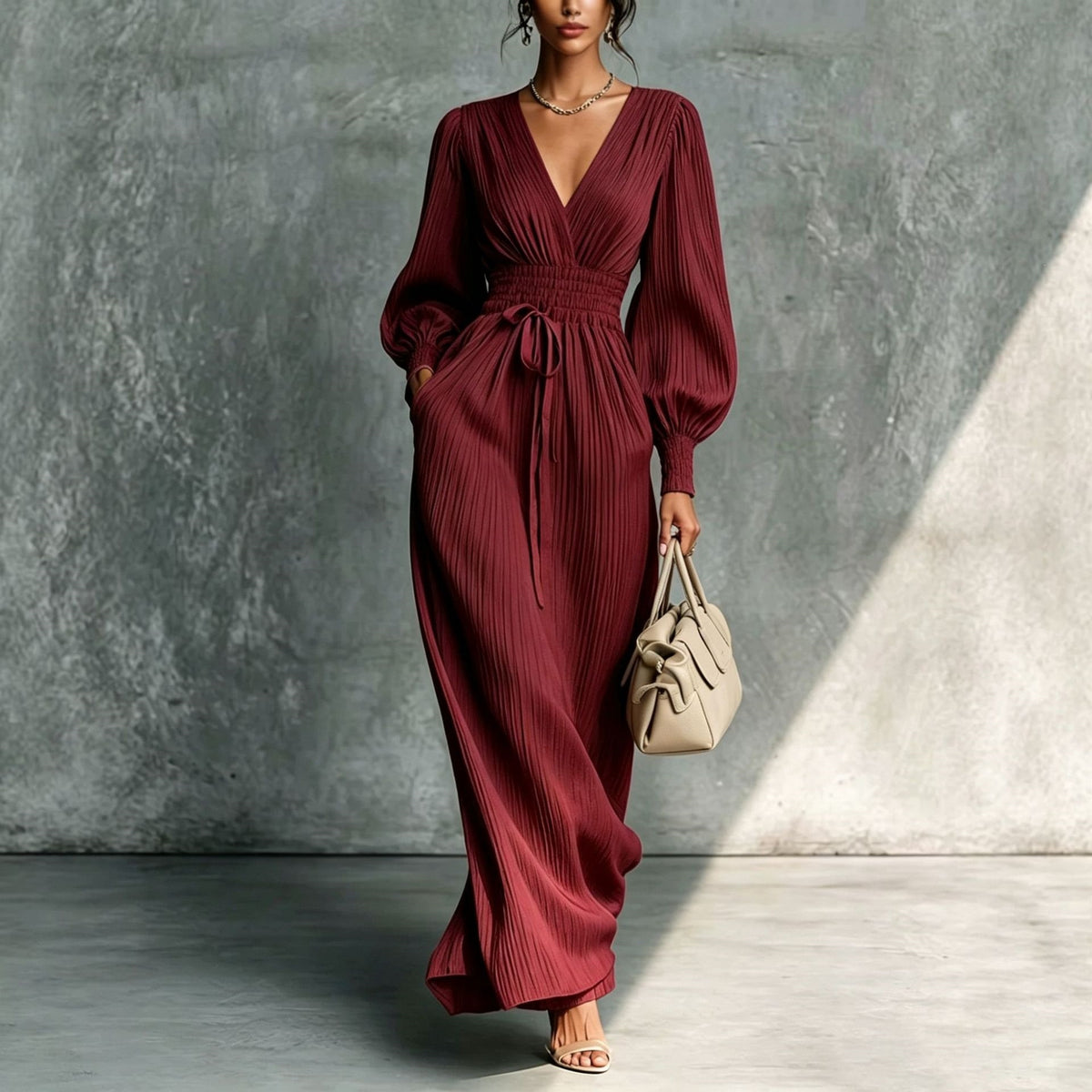 Women's V-Neck Long Sleeve Smocked Waist Maxi Dress