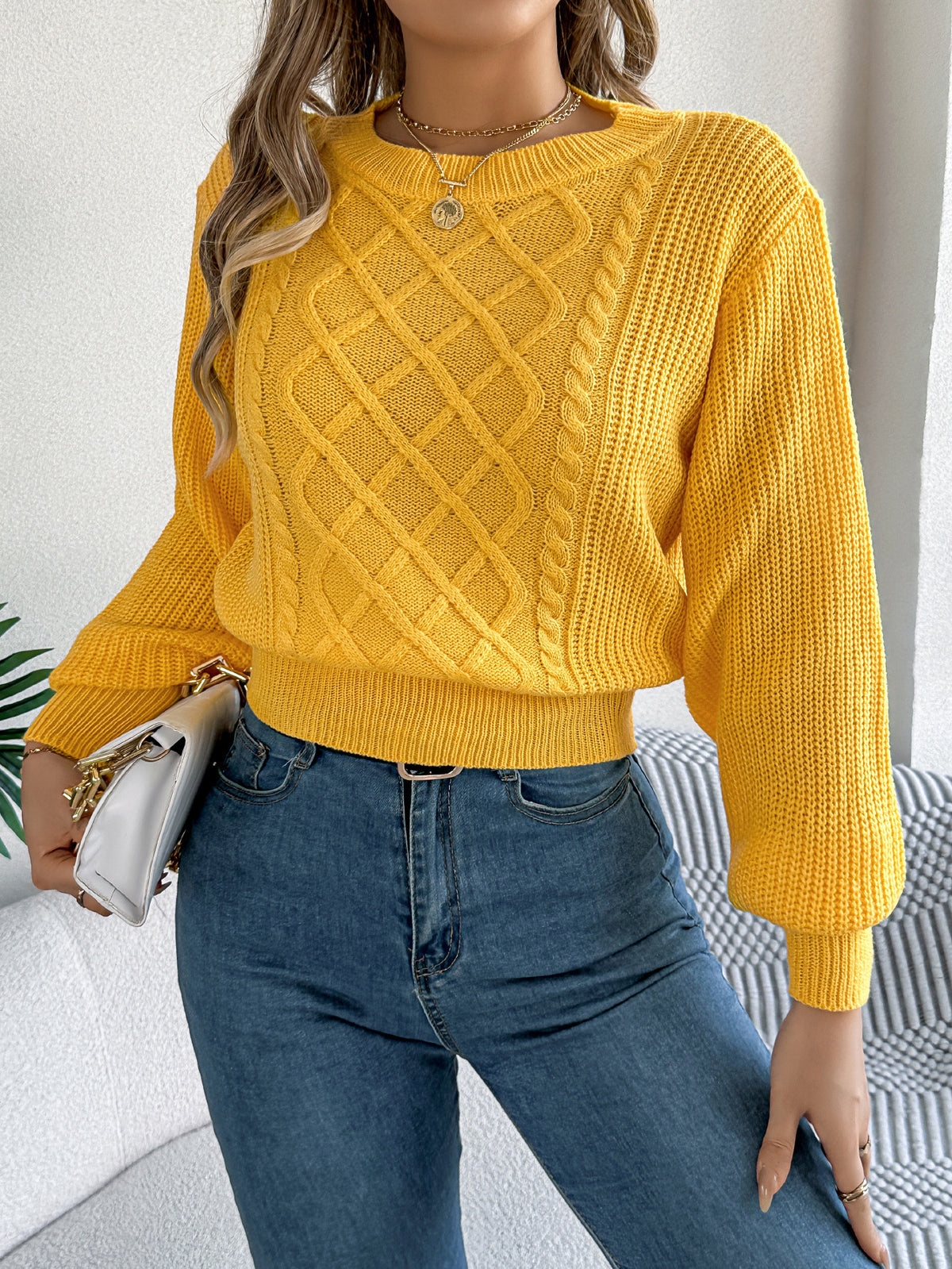Women's Cable Knit Lantern Sleeve Cropped Sweater