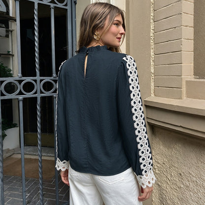 Navy Crochet Lace Long Sleeve Button Up Blouse